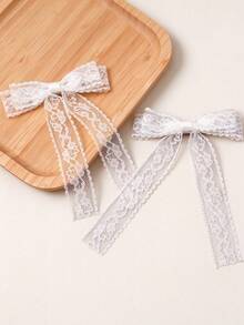 2pcs White Lace Bow Hair Clips, Delicate Floral Lace Design With Long Flowing Ribbons, Elegant Vintage Style.Perfect For Daily Styling, Dating - Multicolor - View 1
