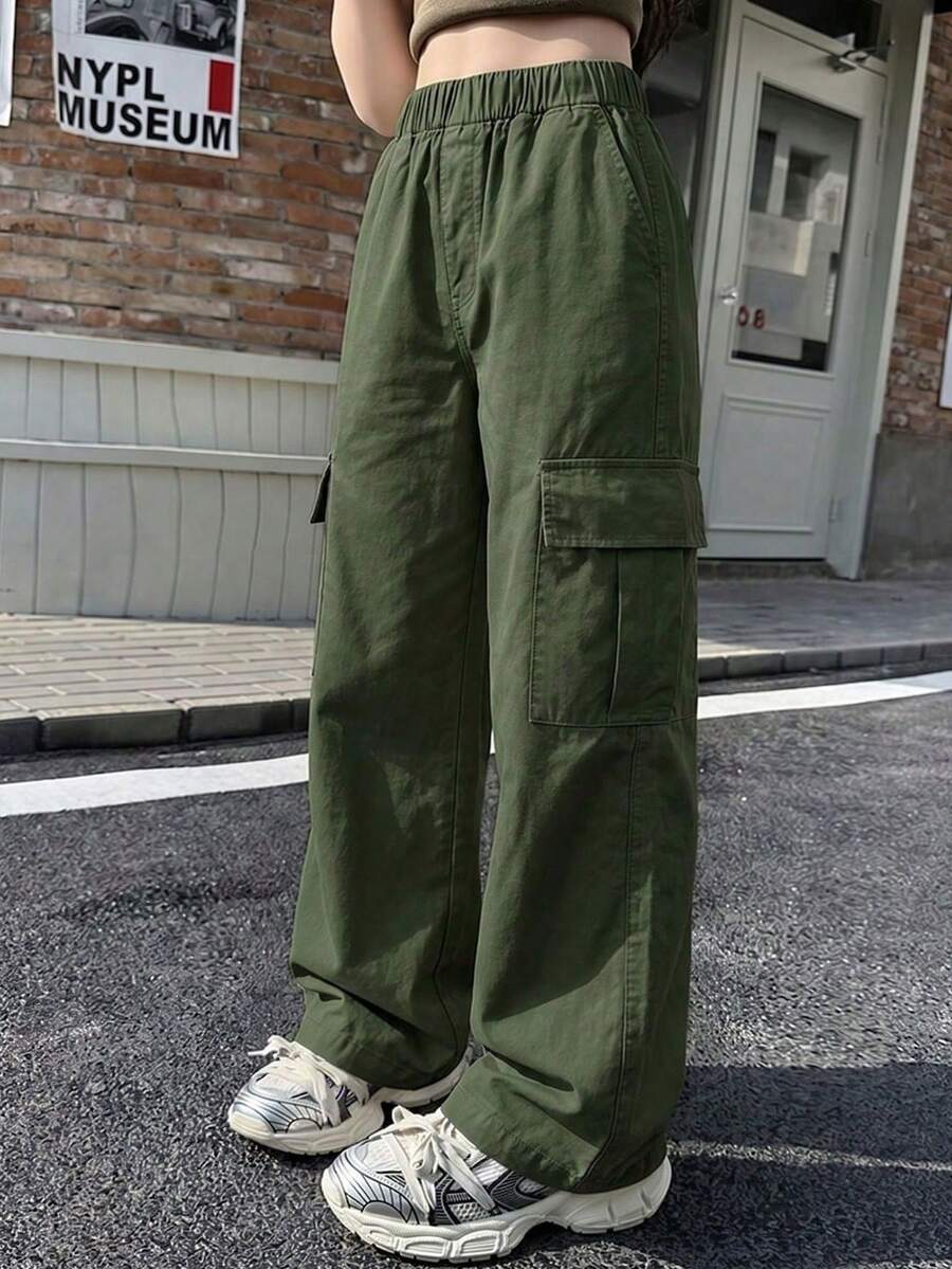 1 pieza Pantalones cargo casuales y sueltos de unicolor de moda para niñas preadolescentes, con múltiples bolsillos, para primavera/otoño - Verde militar - Ver 1
