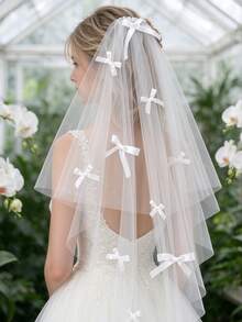1pc Vintage Elegant Bow Short Veil, Multi-Layer Fluffy Tulle Bridal Veil - White - View 3