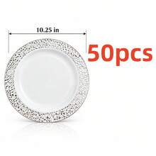 10/20/25pcs (7.5 Inch/10.25 Inch) White Base Silver Rim Plates, Multiple Set Options, Kitchen Tableware, High Quality Appetizer Plates, Easy To Clean, Suitable For Serving Dishes, Fruits, Salads, Desserts, Appetizers, Also Used For Halloween And Christmas Parties. - White - View 13