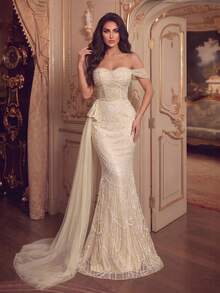 Cold Shoulder Long Sequin Beaded Fitted Mermaid Hem Tulle Dress, Detachable Train, Flattering Curves, Suitable For Photos, Beach Vacation And Resort - Apricot - View 7