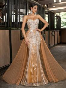 LUVISTRUE Women Elegant Romantic Glamorous Sleeveless Formal Evening Gowns Mermaid Maxi Dresses Wedding Guest Cocktail Party Prom Homecoming Gala Dress - Champagne - View 5