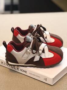 Colorblock Kids' Sneakers, Double Hook-And-Loop Strap Design, Soft Sole, Lightweight, Unisex Casual Shoes For Daily Wear And Outings - Red - View 2