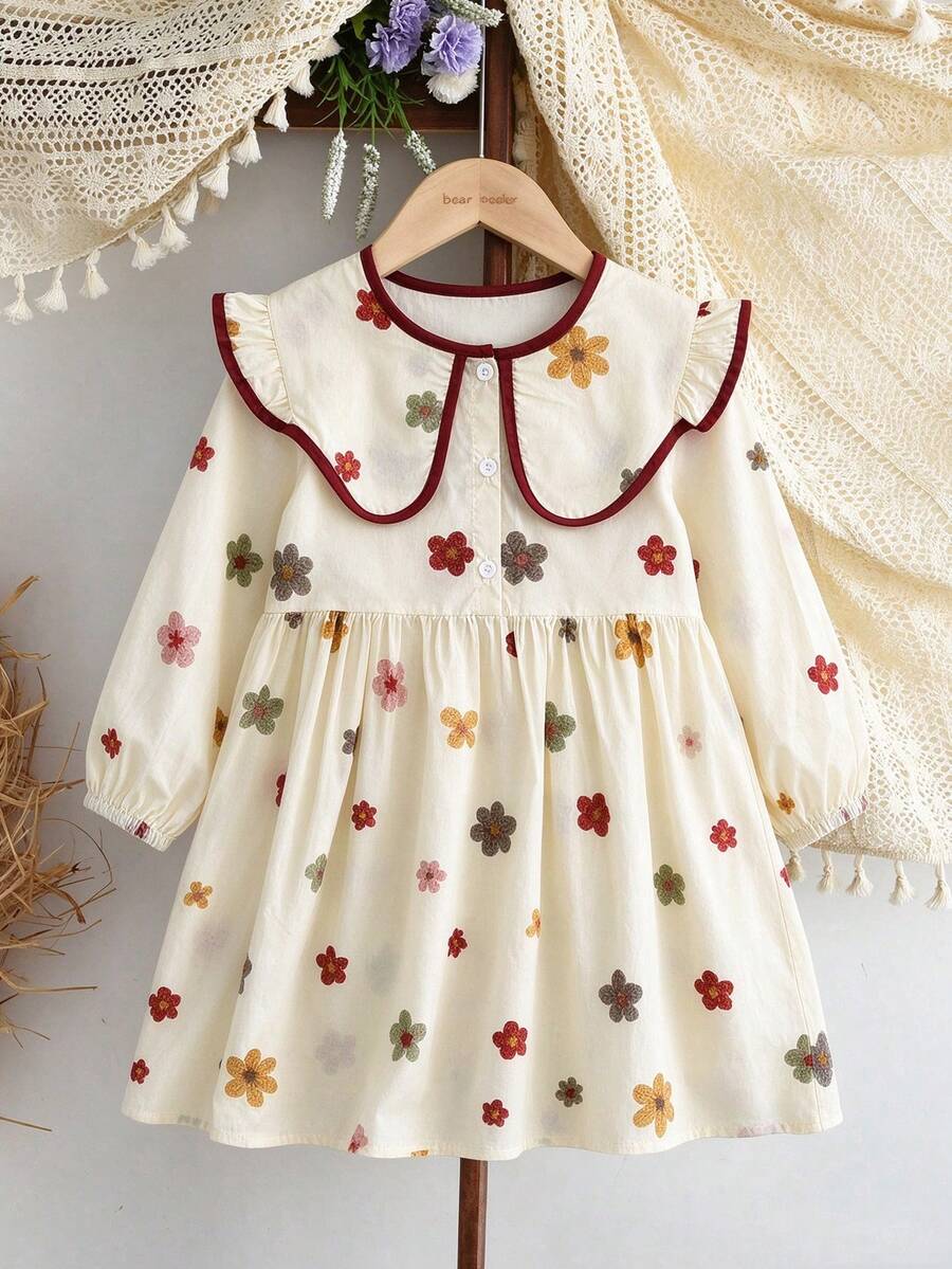 Young Girl's Academy Style Loose Ditsy Floral Collared Long Sleeve Dress - Red Violet - View 1