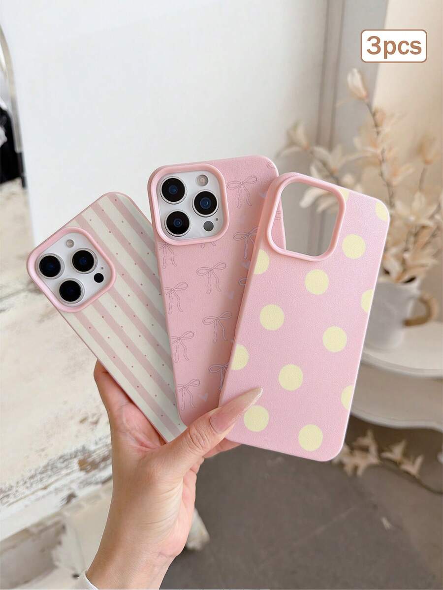 3件裝波點愛心條紋元素 TPU 防震全包覆精準保護手機殼,適用於 Apple 11/12/13/14/15/16/17 Pro Max - 彩色 - 查看 1