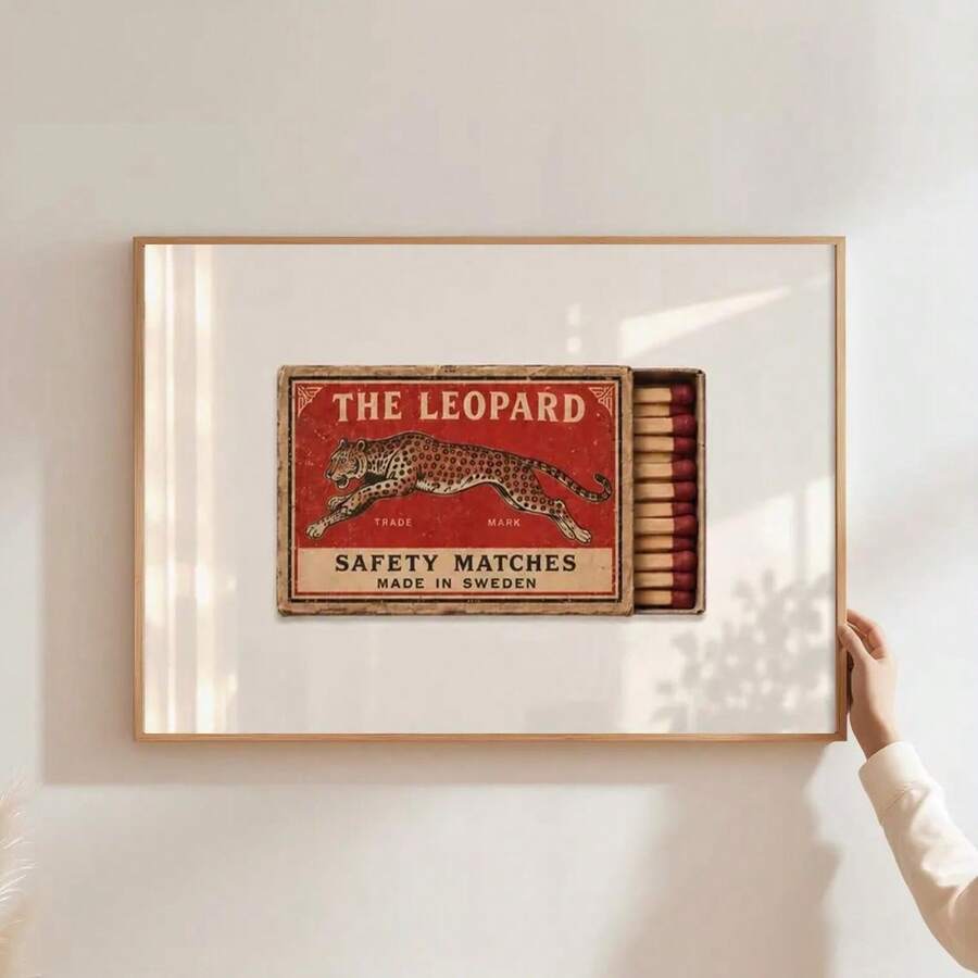 1pc Vintage Leopard Print Matchbox Canvas Poster, Framed/Unframed, Mid-Century Retro Bar Cart Wall Art Decor, Minimalist Style, Suitable For Kitchen, Office, Hallway, Living Room Modern Home Decor - A - View 1