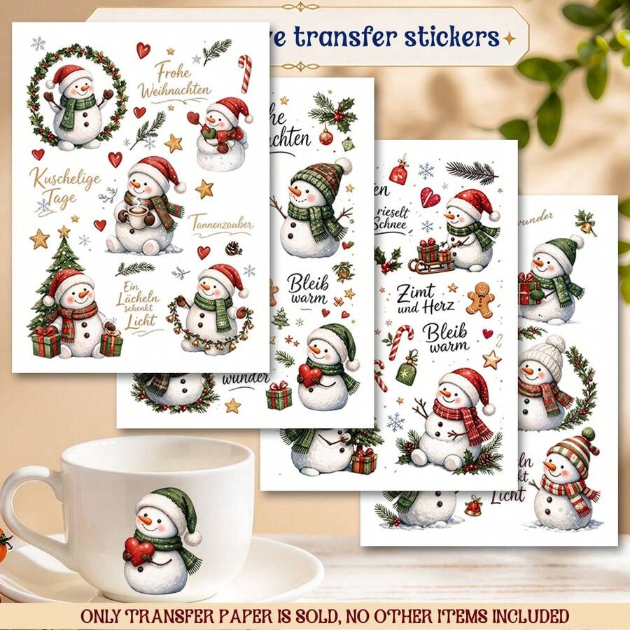 4pcs/Set German Christmas Snowman Quote Theme Pattern UV Transfer - For Crafts, Mugs, Laptops And Water Bottles, Self-Adhesive Plastic, Mug Decoration, Laptop, Holiday Decorations, Festive Designs, Highquality Prints, Durable - Multicolor - View 1