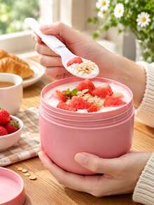 1pc 20.29oz Insulated Plastic Bento Box, Leak-Proof Food Storage Container With Reusable Spoon, Temperature Control And Freshness, Suitable For Meal Prep, Breakfast To Go, Office Lunch, Fitness Nutrition Meals, Overnight Oats, Leak-Proof Lunch Box - Multicolor - View 3
