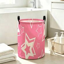 Keranjang Cucian Bintang Merah Muda, Motif Bintang Geometris Putih Sederhana, Keranjang Penyimpanan Lipat dengan Pegangan, Keranjang Pakaian Kotor Besar untuk Dekorasi Kamar Tidur dan Ruang Cuci - Berwarna merah muda - View 4