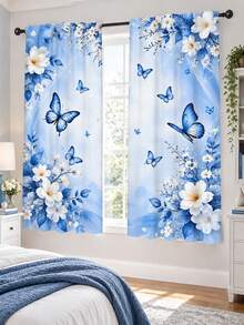 2pcs, Fresh Blue And White Magnolia Butterfly Pattern Printed Curtains, Single-Sided Printing, Semi-Sheer - Rod Pocket Curtains, Bedroom Living Room Kitchen Decoration, Multiple Sizes Available, Privacy Protection, Machine Washable, Fade-Resistant Curtains (Rod Not Included) - A - View 7