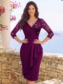MIUSOL Classic V-Neck Sequin Floral Lace Patchwork Ruffle Waist-Cinching Bodycon Hem 3/4 Sleeve Fitted Formal Party Dress, Elegant Autumn Wedding Gown - Maroon - View 4