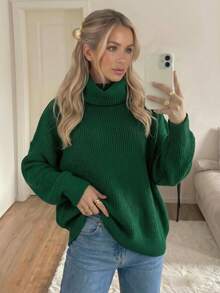 New Women's Casual Fashionable Minimalist Solid Color Knitted Turtleneck Sweater, Autumn/Winter Fall - Dark Green - View 3