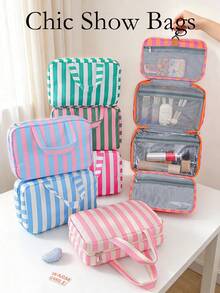 Large Capacity Striped 4-Fold Travel Makeup Bag, Dual Handle Transparent Visible Toiletry Organizer Bag - Multicolor - View 1