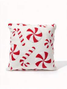 1pc / 2pcs Christmas Candy Cane Pillow Case, Red And White Peppermint Candy Pattern Cushion Cover, Sofa Pillow Case, Holiday Home Decor, Rustic Living Room Sofa Soft Furnishing, Pillow Insert Not Included - Red - View 6