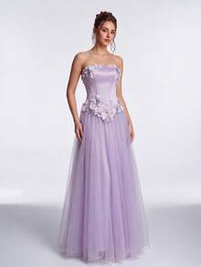 Anymoon Women's Elegant 3D Floral Decor Mesh Patchwork Strapless Evening Gown - Purple - View 3