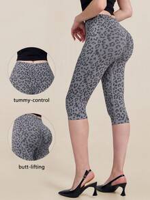 TimeOff Women's 1pc Leopard Print Tummy Control Butt Lifting Slim Fit Sports Mid-Length Shorts - Dark Grey - View 1