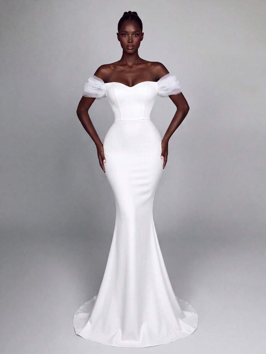 Elegant Cold Shoulder Mermaid Maxi Dress With Ruffle Sleeves, Floor-Length Silhouette For Photoshoots, Beach Vacations, Resorts And Formal Events - White - View 1