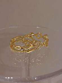2pcs Gold Copper Material French Luxury Classic Versatile Double Layer Rhinestone Chain Stackable Open Ring Set, Elegant Elegant Minimalist Unique Design, Suitable For Women's Daily, Holiday, Vacation, Banquet, Party Wear - Gold - View 4