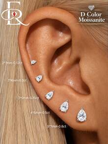 EleRunis 1pc 0.12-0.8ct Pear Moissanite Halo 925 Sterling Silver Hypoallergenic Flat Back Spiral Thread Piercing Earrings, Unisex, Suitable For Daily Wear And Wedding - Silver - View 12