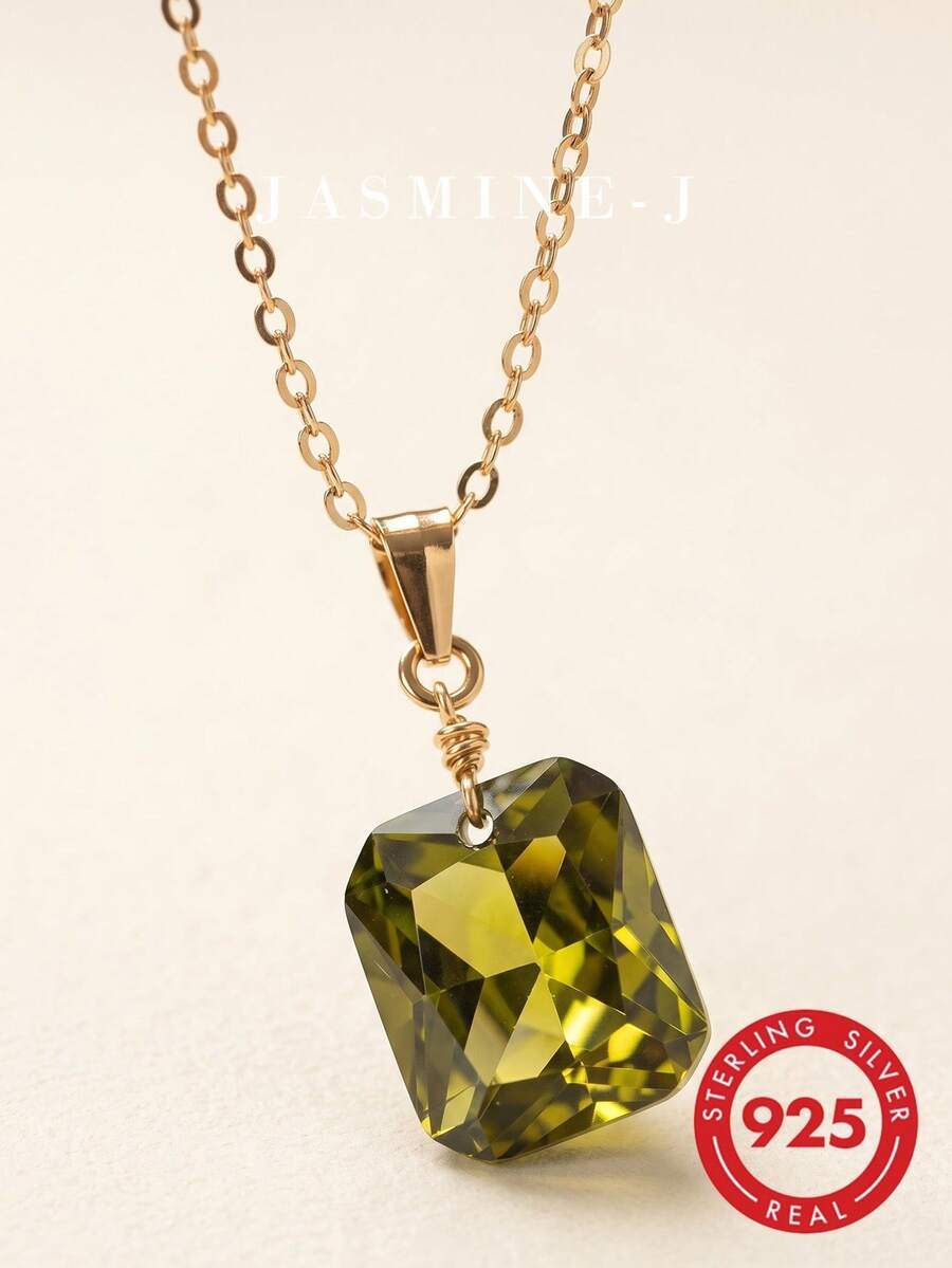 1pc S925 Sterling Silver Gold-Plated Square Emerald Pendant Necklace, Pure Silver Material, Minimalist Versatile Olive Green Pendant Necklace, Suitable For Women's Daily And Party Wear - Gold - View 1