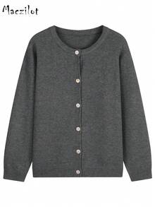 Plus Size Women's Round Neck Knit Cardigan, Front Button Long Sleeve Sweater, Slim Fit Warm Autumn/Winter Commuter Jacket - Dark Grey - View 4