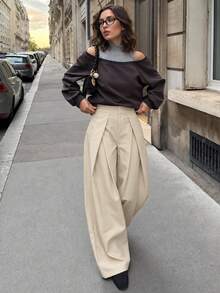 Women's Loose Casual Pleated Wide Leg Pants, High Waist Striped Long Pants, Office Commute Pants, Autumn/Winter - Apricot - View 1