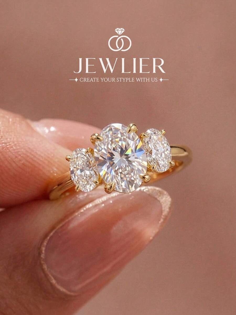 1pc 3-Stone Diamond Ring, Elegant Women's Jewelry Gift