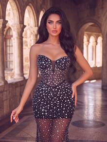 Elegant Strapless Corset Dress With Sparkly Rhinestones Sheer Mermaid Hem Bodycon Mini For Photoshoot Beach Vacation Formal Event Prom - Black - View 3