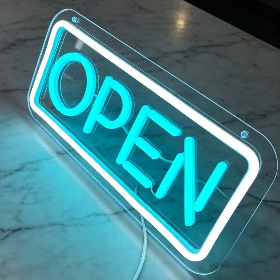 1pc Framed OPEN LED Neon Sign, USB Powered Acrylic Backboard Neon Wall ...