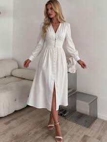 Women's Elegant V-Neck Puff Long Sleeve Dress, High Waist Cinched Waist With Button Decor, Umbrella Hem Midi Dress, Soft Style For Commute And Date - Beige - View 3