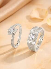 Gift Box Style Elegant Cubic Zirconia Ring Set, Women's Party Evening High-End Jewelry, Copper Material Resistant To Fading And Hypoallergenic, Perfect Holiday Gift - Silver - View 2