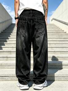 Men's Black Wide Leg Loose Fit Jeans, Distressed High Street Style Outdoor Casual Denim Pants, Gift Or Couple Style - Black - View 2