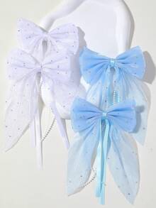 7/1pc Girls Rhinestone Tulle Bow Hair Clip, Macaron Color Palette, Sparkling Rhinestone Pearl Chain Long Ribbon Top Clip, Sweet Princess Hair Accessory, Back Of Head Hair Clip, Daily Use - Multicolor - View 4