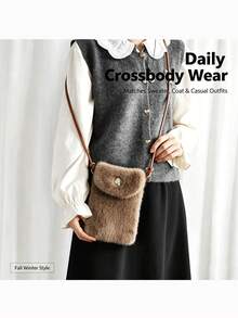 Women Fluffy Faux Fur Mini Crossbody Bag, Autumn Winter Solid Color Phone Purse, Small Shoulder Bag With Strap, Snap Closure Portable Wallet Bag - Multicolor - View 4