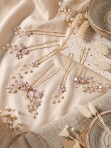 6pcs Elegant Flower & Faux Pearl Rhinestone U-Shaped Hair Pins Bridal Wedding Prom Party Hair Accessories - Multicolor - View 5