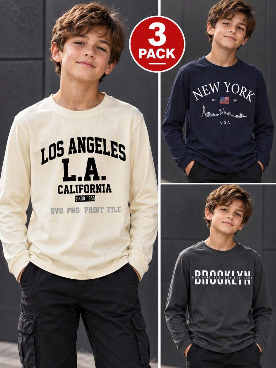 Tween Boy 3pcs Casual Printed Long Sleeve T-Shirts, Spring/Autumn/Winter, Young Student Children's Clothing, Fashionable Warm Comfortable Fit Tops For Big Boys And Teenagers - Multicolor - View 1