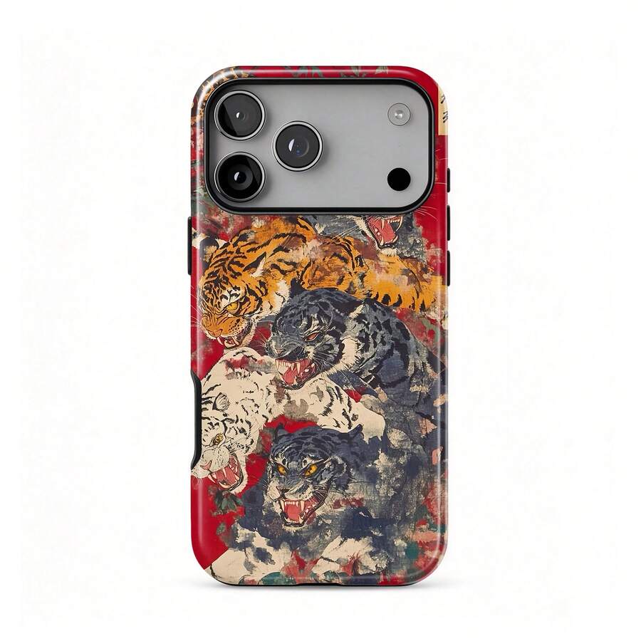 虎紋手機殼，復古浮世繪虎圖案，紅色兇猛虎美學，適用於 iPhone 18 17 Pro Max 16e 15 Pro 14 Plus 13 12 11 - 彩色 - 查看 1