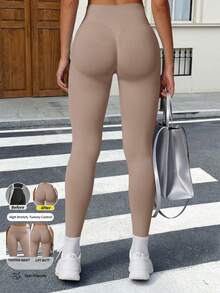 Yefecy Women's High Waist Seamless Sports Leggings, Butt Lifting, Fitness Yoga Pants, Tummy Control, Ruched Skinny Tights Spring Fall - Khaki - View 2