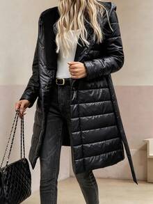 Women's Solid Color Hooded Long Sleeve Thick Padded Coat, Autumn/Winter Clothing - Black - View 5