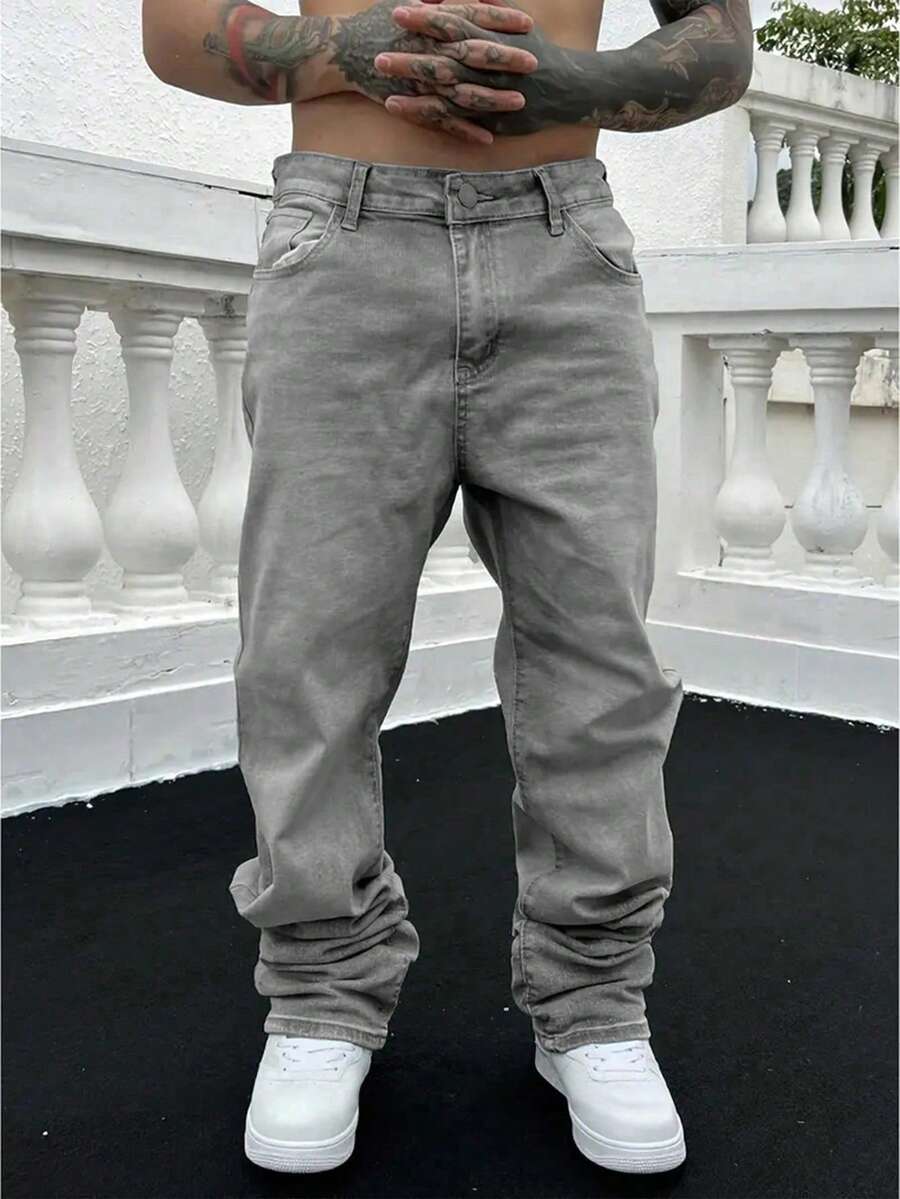 男士復古做舊時尚牛仔褲,寬鬆舒適,適合日常通勤與戶外穿著 - 灰色 - 查看 1