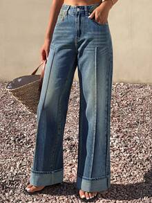 Vintage Washed Women's Wide Leg Jeans With Front Seam Detail And Rolled Hem, Autumn New Arrival - Blue - View 10