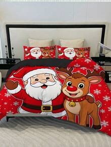3PCS Santa Claus And Reindeer Pattern Duvet Cover Set (1 Duvet Cover + 2 Pillowcases (Random Pattern), Duvet/Pillow Inserts Not Included), Soft Polyester Fiber All-Season Washable Bedding Set, Available Sizes: King, Queen, Full, Twin. Suitable For Bedroom, Guest Room, School Dorm, All-Season, Christmas Gift For Parents And Friends - Multicolor - View 4