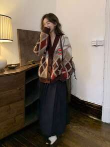 Women's Autumn/Winter V-Neck Diamond Check Single-Breasted Casual Cardigan Jacket - Brown - View 7