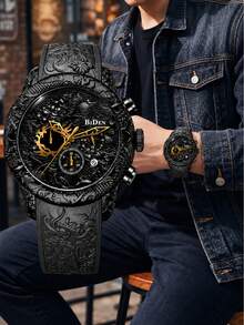 BIDEN 1pc Men's Large Dial Wrist Watch, Military Chronograph 3D Dragon Engraved Waterproof Sports Watch, Elegant Gift For Men - Black - View 2