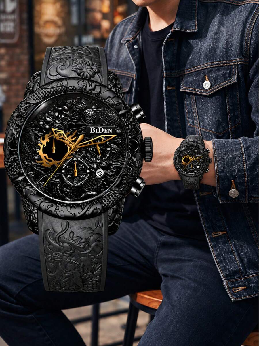 BIDEN 1pc Men's Large Dial Wrist Watch, Military Chronograph 3D Dragon Engraved Waterproof Sports Watch, Elegant Gift For Men