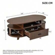 طاولة قهوة بيضاوية بلون الخشب الطبيعي 100x50x40 سم، طاولة غرفة المعيشة مع درج واحد و2 ستارة علوية قابلة للتدحرج، تخزين مفتوح ومغلق، MDF، مظهر خشبي، 4 أرجل، طاولة قهوة لغرفة المعيشة، سعة التحميل 30 كجم - الجوز - مشاهدة 2