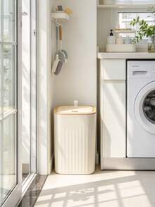 1pc Slim Gap Trash Can, Vertical Grain Body With Lid, Press-To-Open Design For Dustproof, Waste Storage Container For Narrow Spaces In Bathroom And Kitchen - Random Color - View 5
