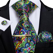 Black Background Colorful Paisley Men's Tie 4-Piece Set With Pocket Square, Cufflinks And Gold Tie Clip, Evening Formal Accessories - Green - View 2