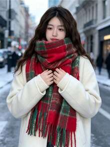 1pc Women's Winter Tassel Couple Scarf, Thick Warm Cold-Proof Multi-Functional French Plaid Scarf, Fashionable Atmosphere, Winter Christmas Gift, Birthday Gift - Multicolor - View 6