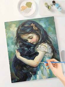 Paint By Numbers Kit Little Girl Hugging Black Cat, DIY Hand-Painted Acrylic Painting, Home Wall Decor - A - View 2